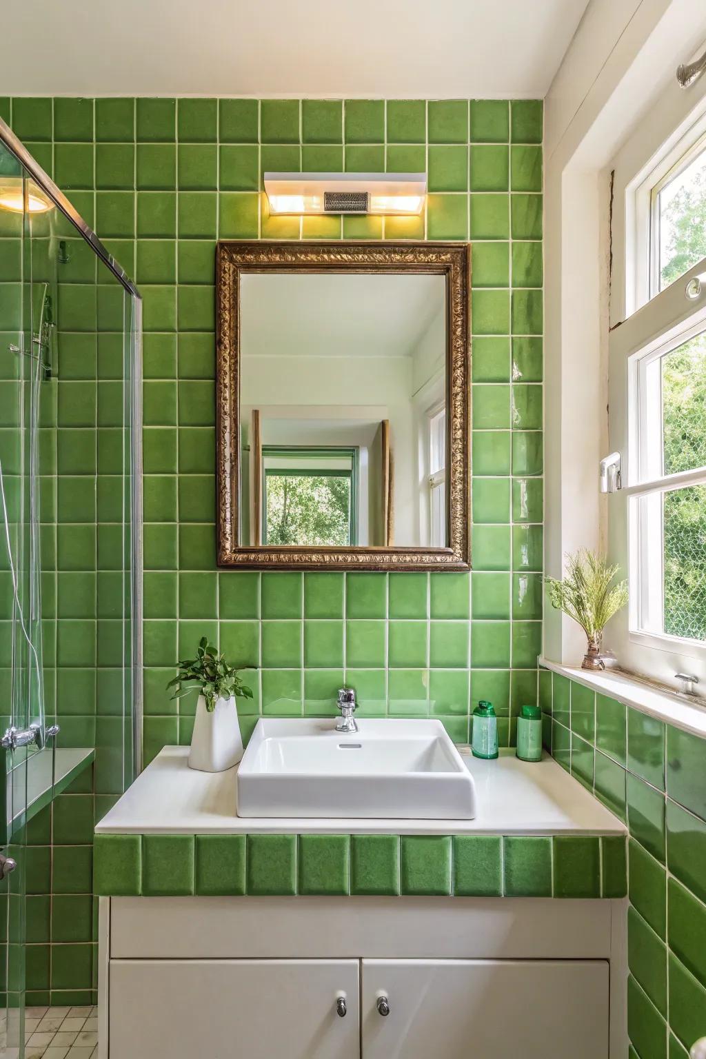 Mirrors enclosed in green tiles contribute artistic elegance.