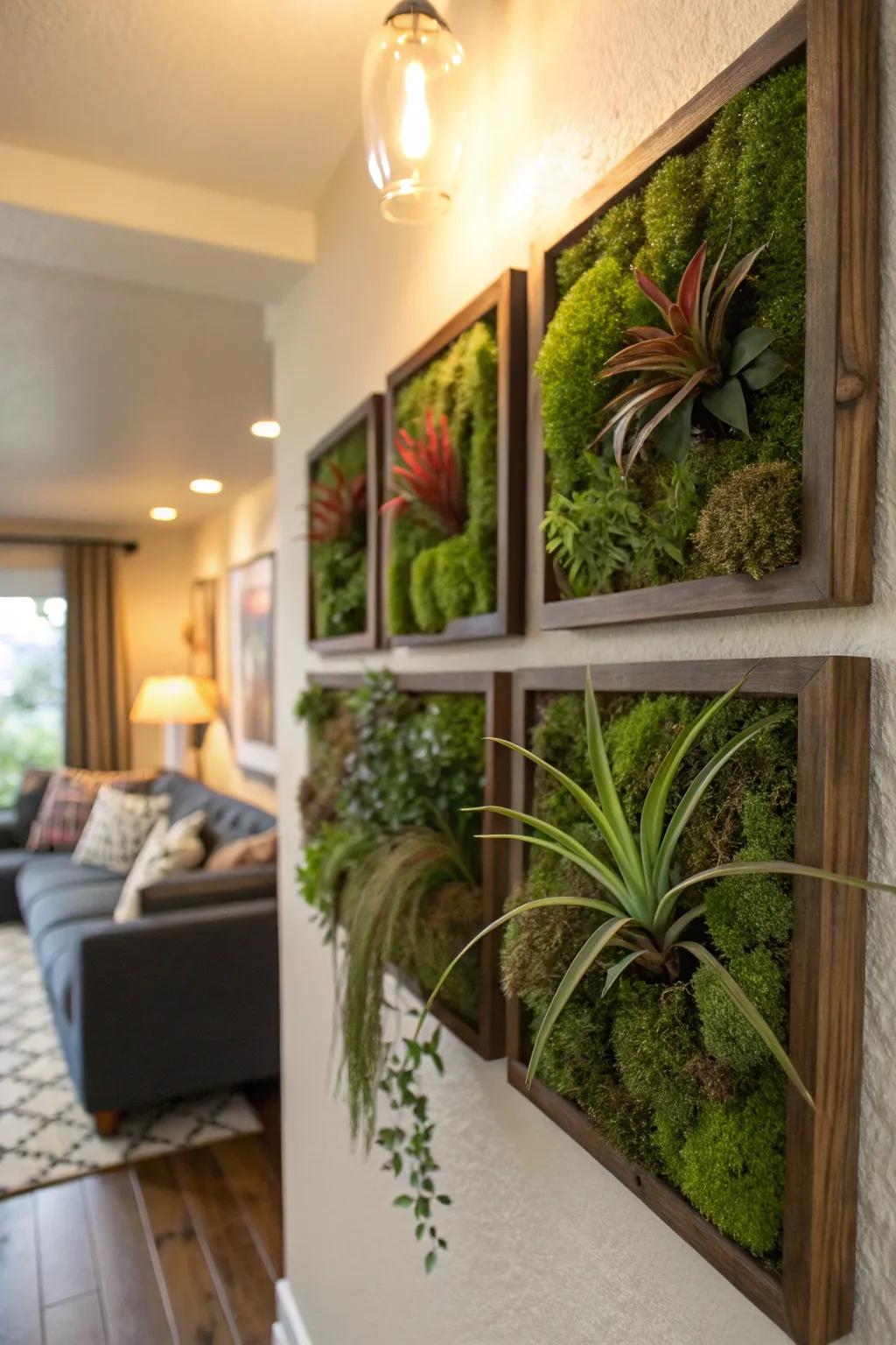 Living plant frames create a dynamic, textured art piece.