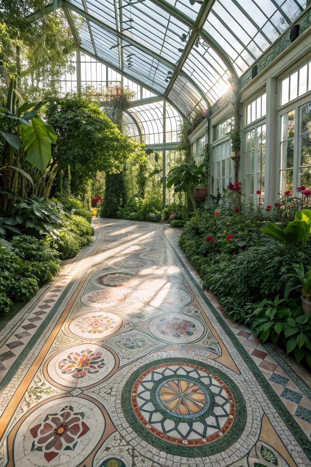 Mosaic patterns transform your greenhouse floor into art.