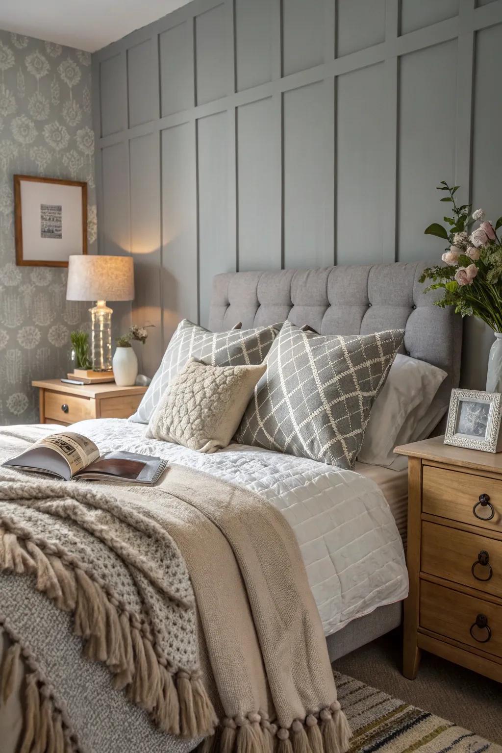 Overlapping textures beautifully enhance this grey feature wall.