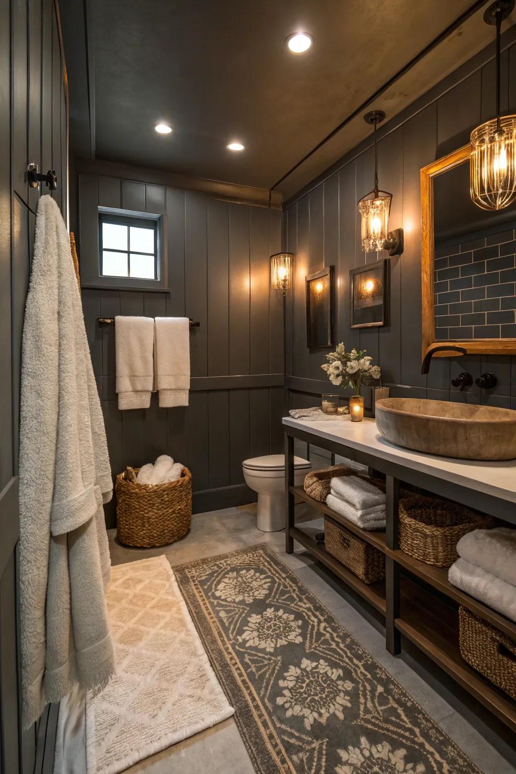 Deep grey walls create an intimate and snug atmosphere within this restroom retreat.