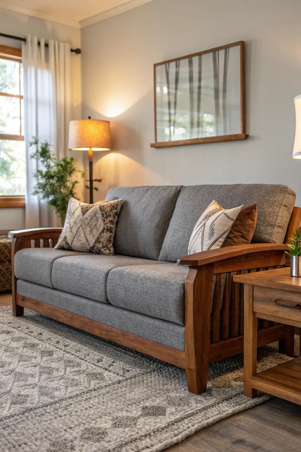 Warm wood tones complement the cool gray sofa.