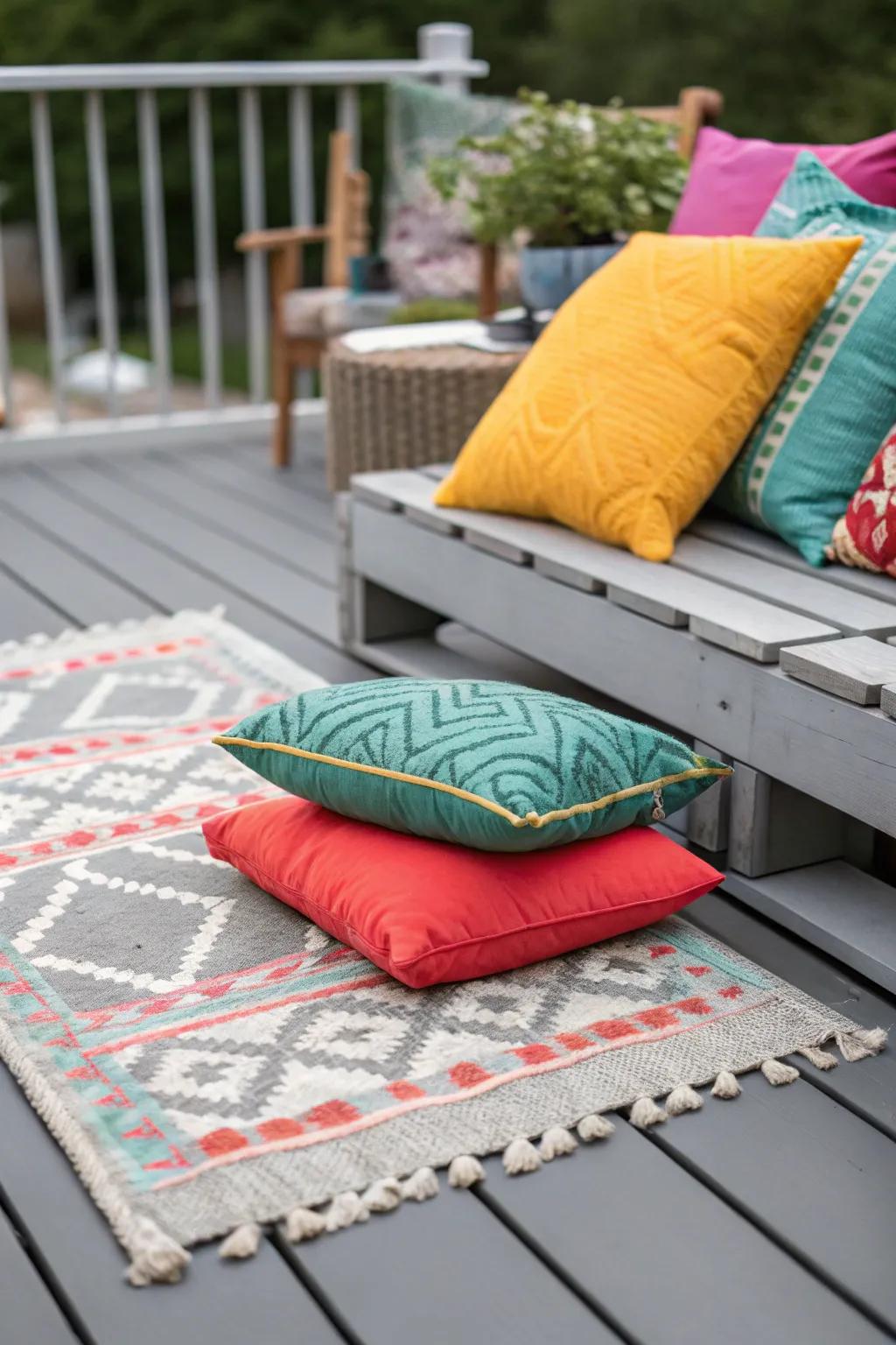 A grey deck elevated by contrasting design elements.