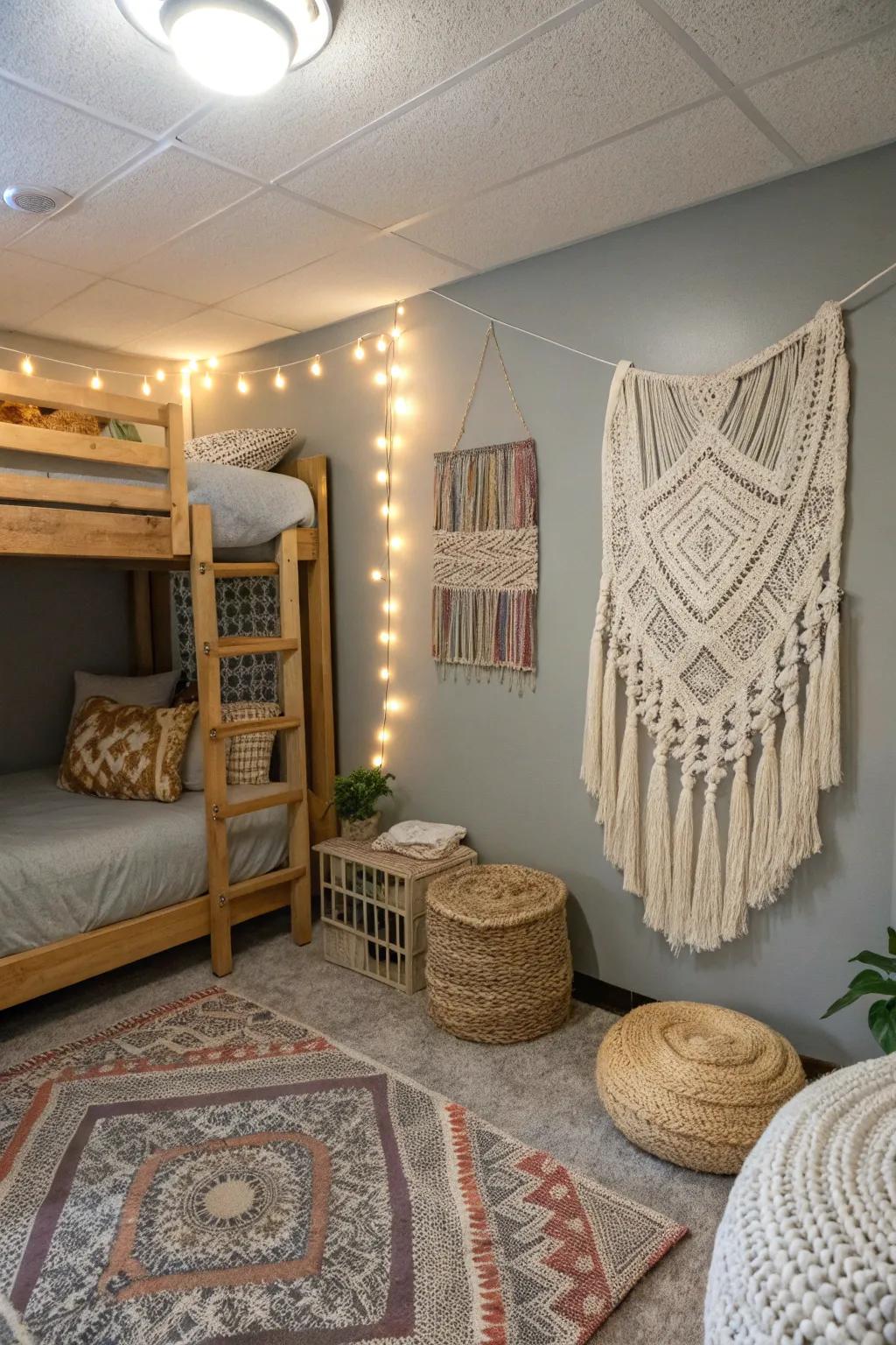 Boho textures soften the grey.