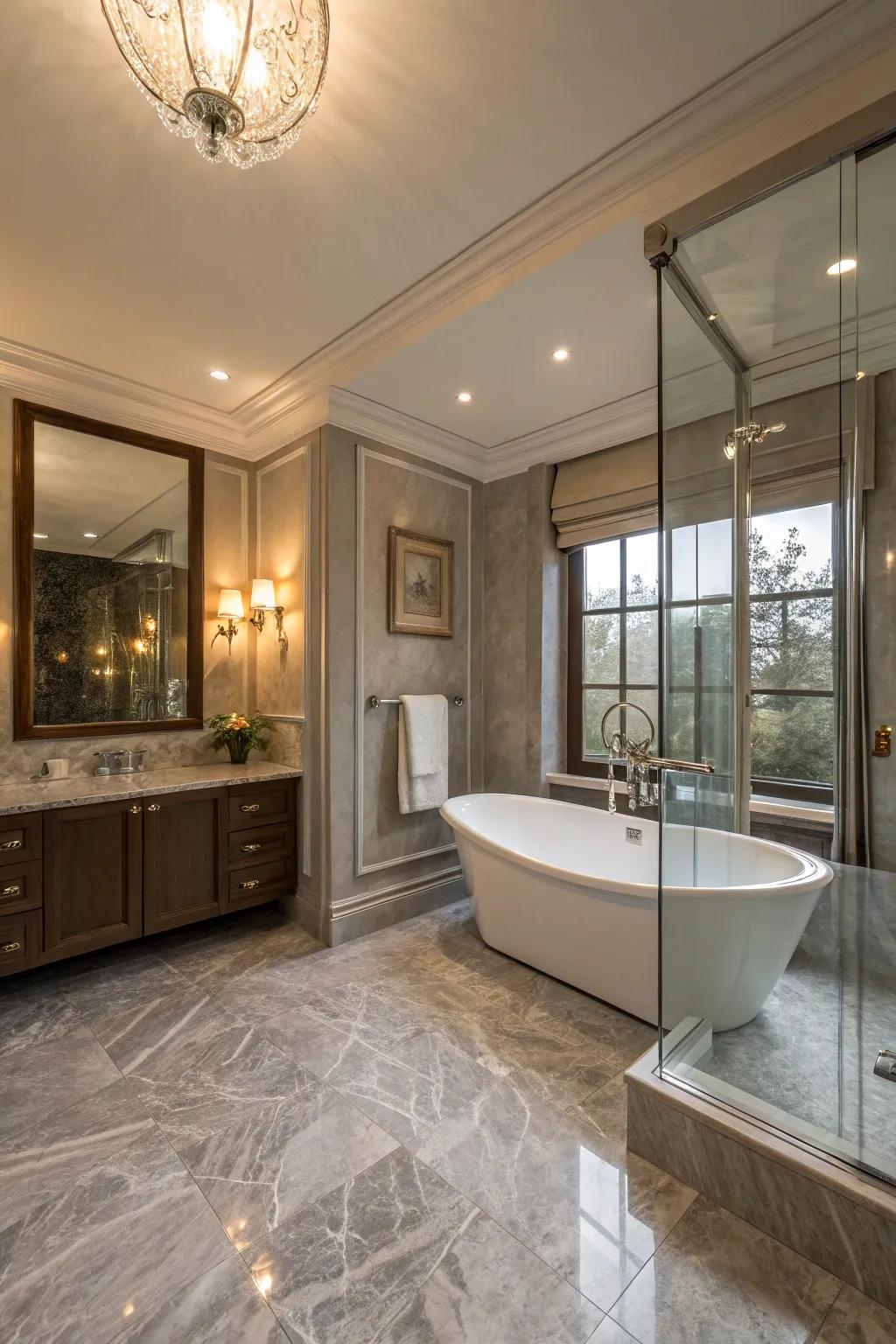 Grey marble floors create a lavish and timeless look in this bathroom.