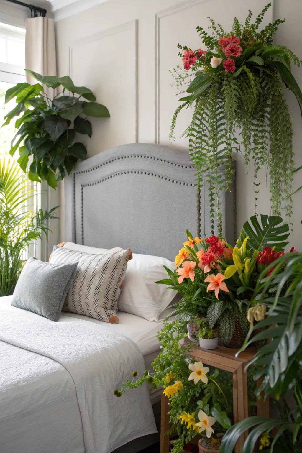 Nature's touch in a bedroom with a grey headboard, adorned with greenery.