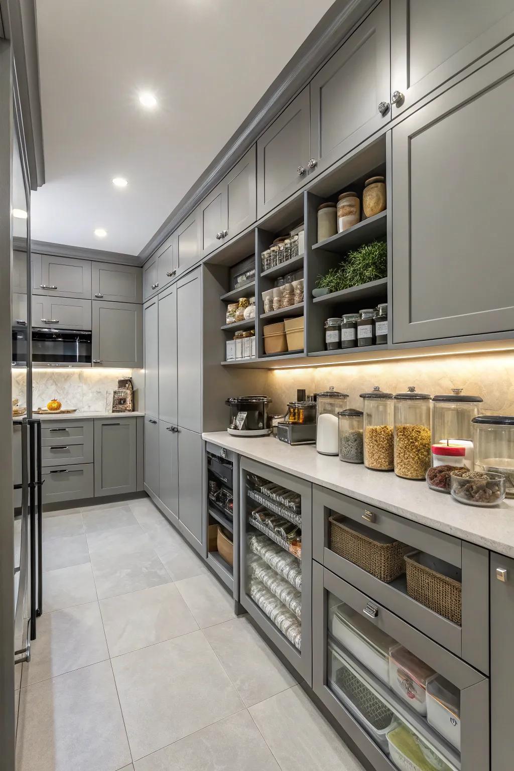 Practical layout maintains a grey kitchen organized and effective.