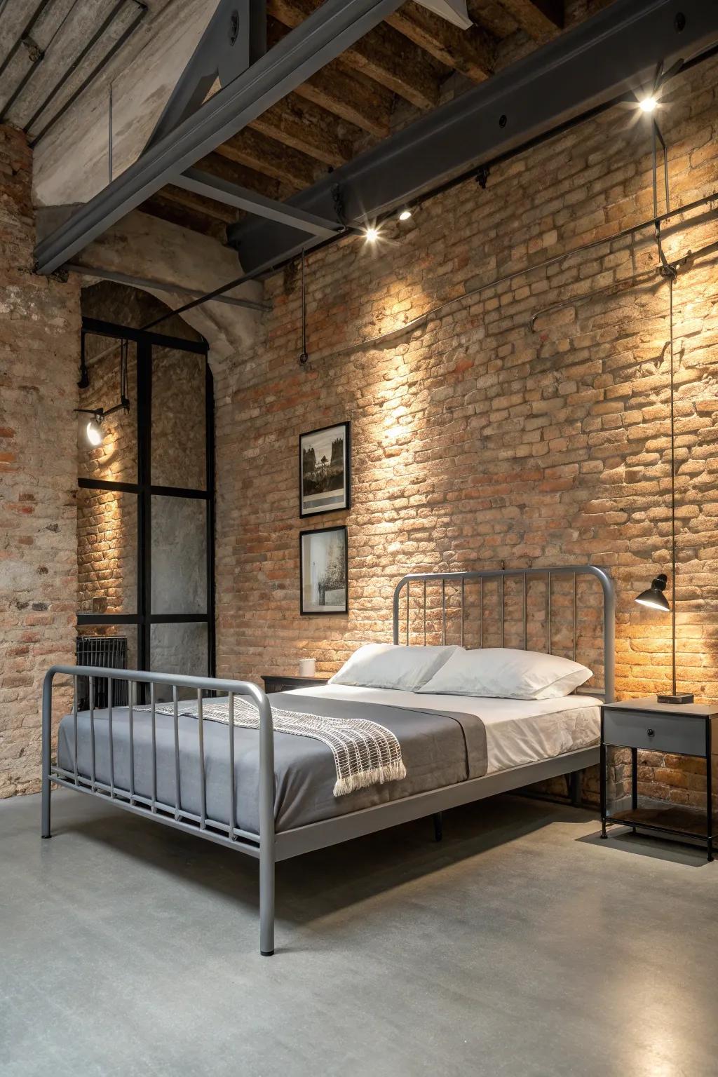 Grey metal furniture and brick walls create an industrial edge.