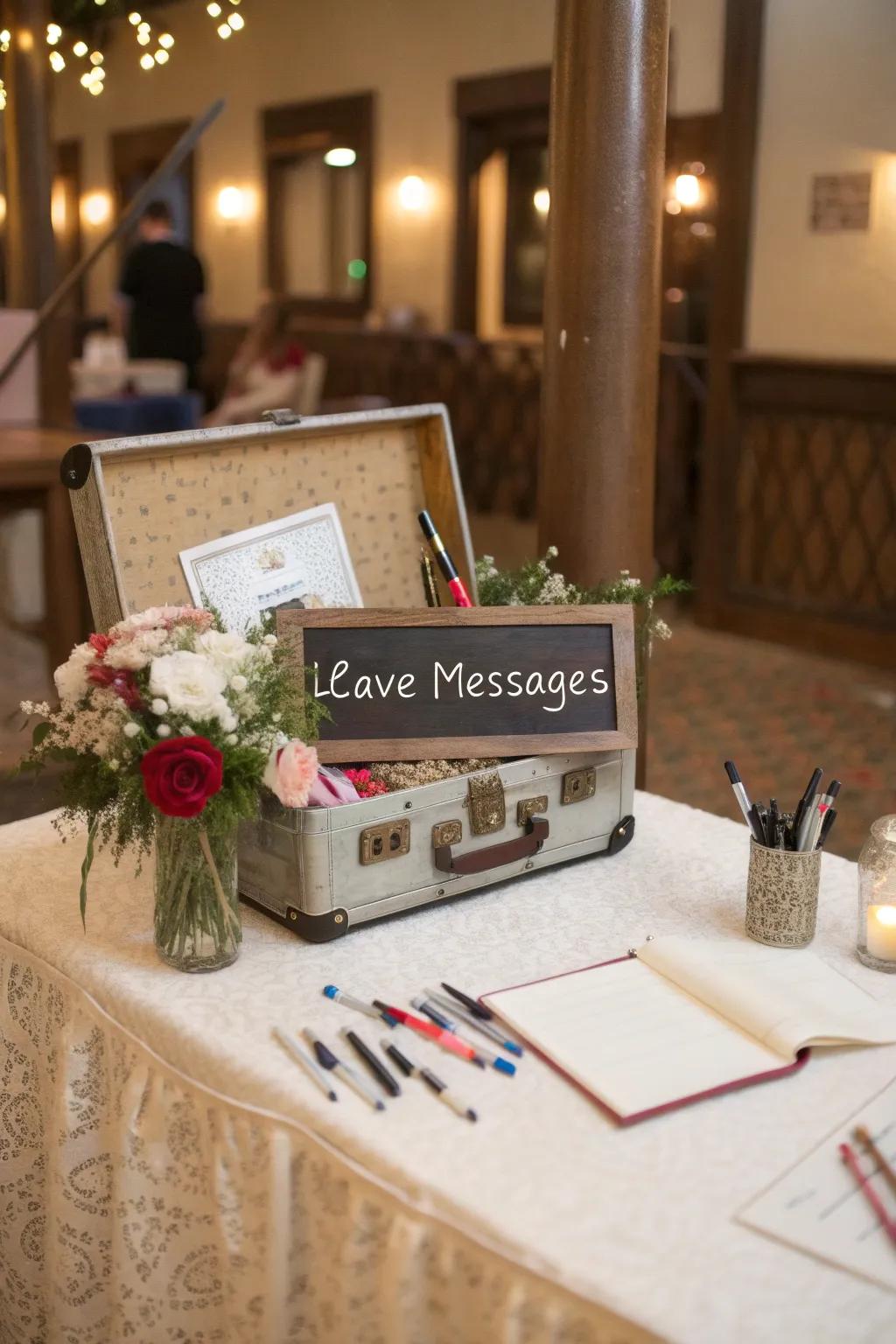 An olden days luggage provides a charming container for guest messages.