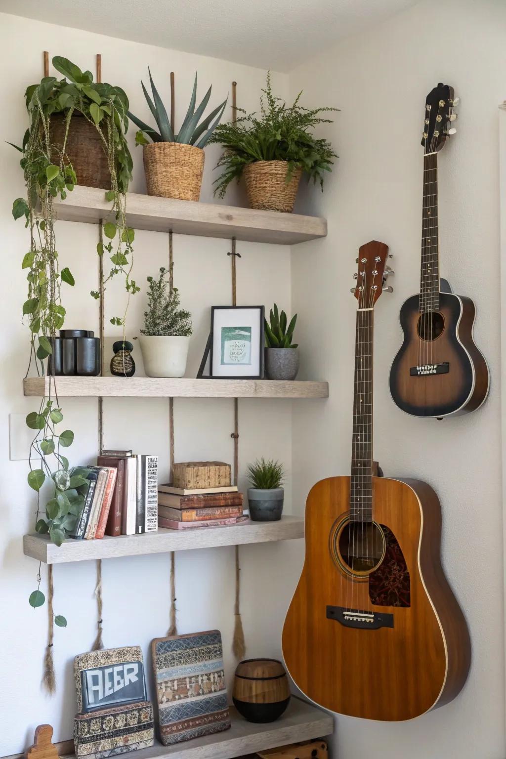 Guitars presented with hanging boards for added charm.