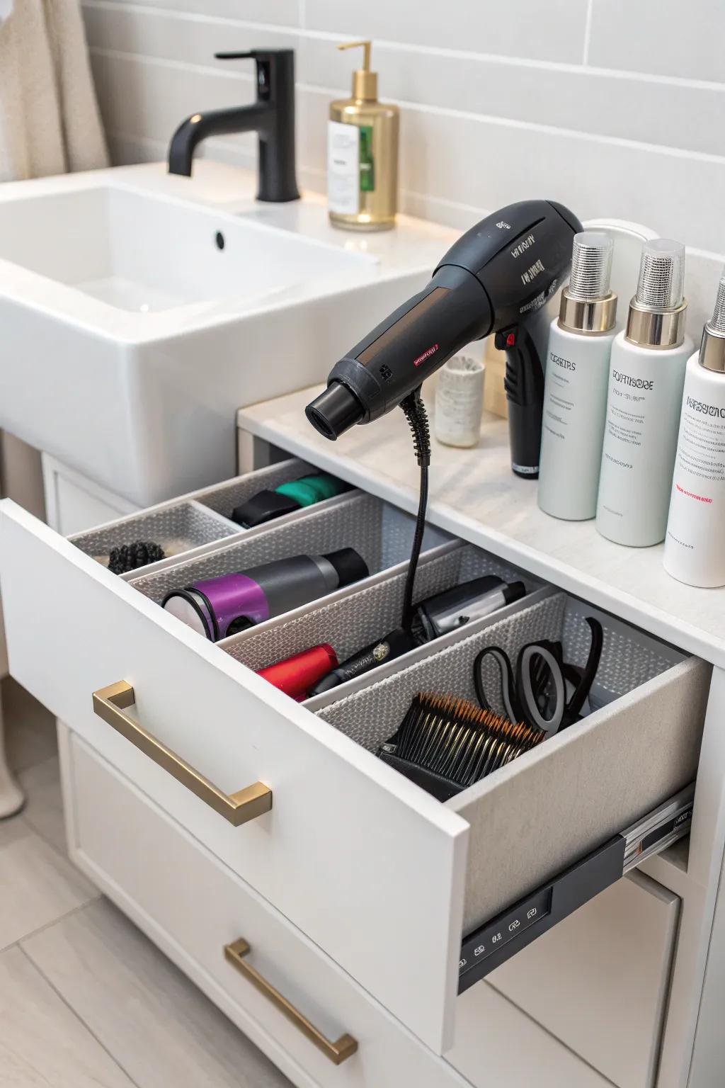 Dedicated compartments keep hair tools organized and tangle-free.