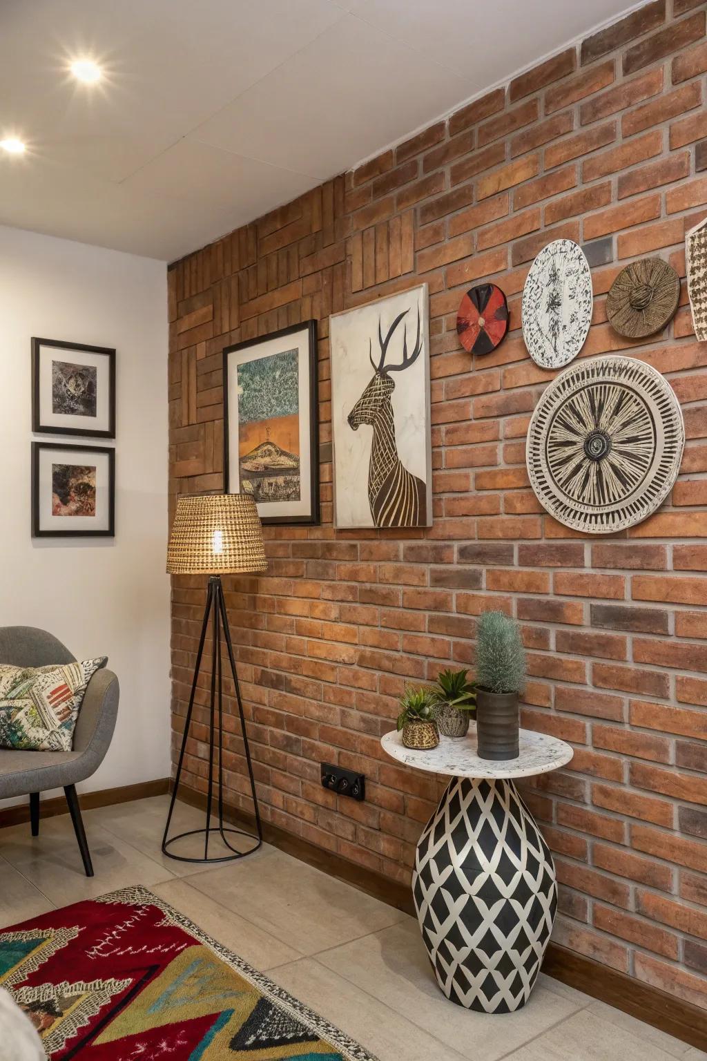 A creative room with unique art and a brick accent wall.