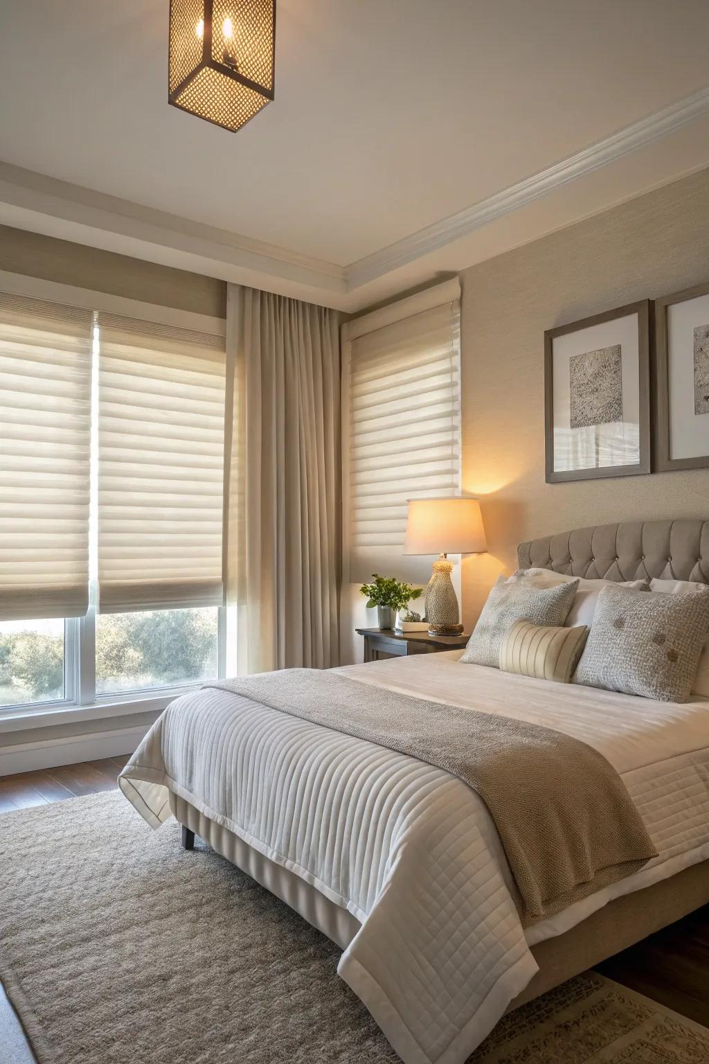 Serene bedroom with subdued pleated shades.