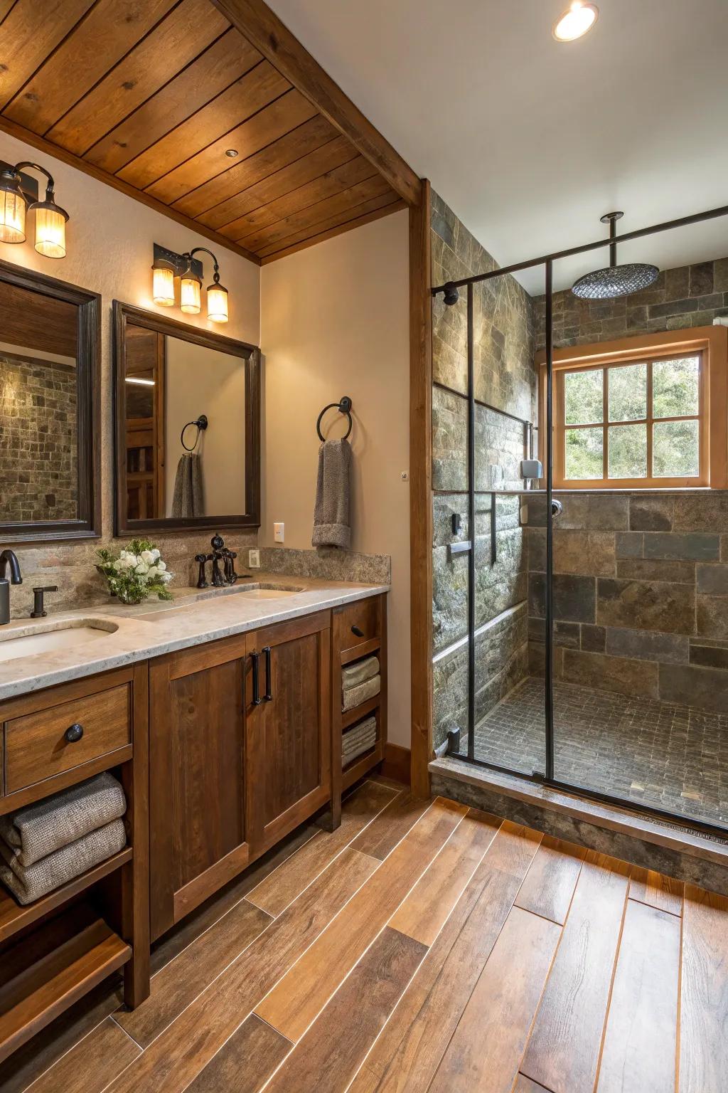 Mixed materials create an elegant and balanced design in a guest bathroom.