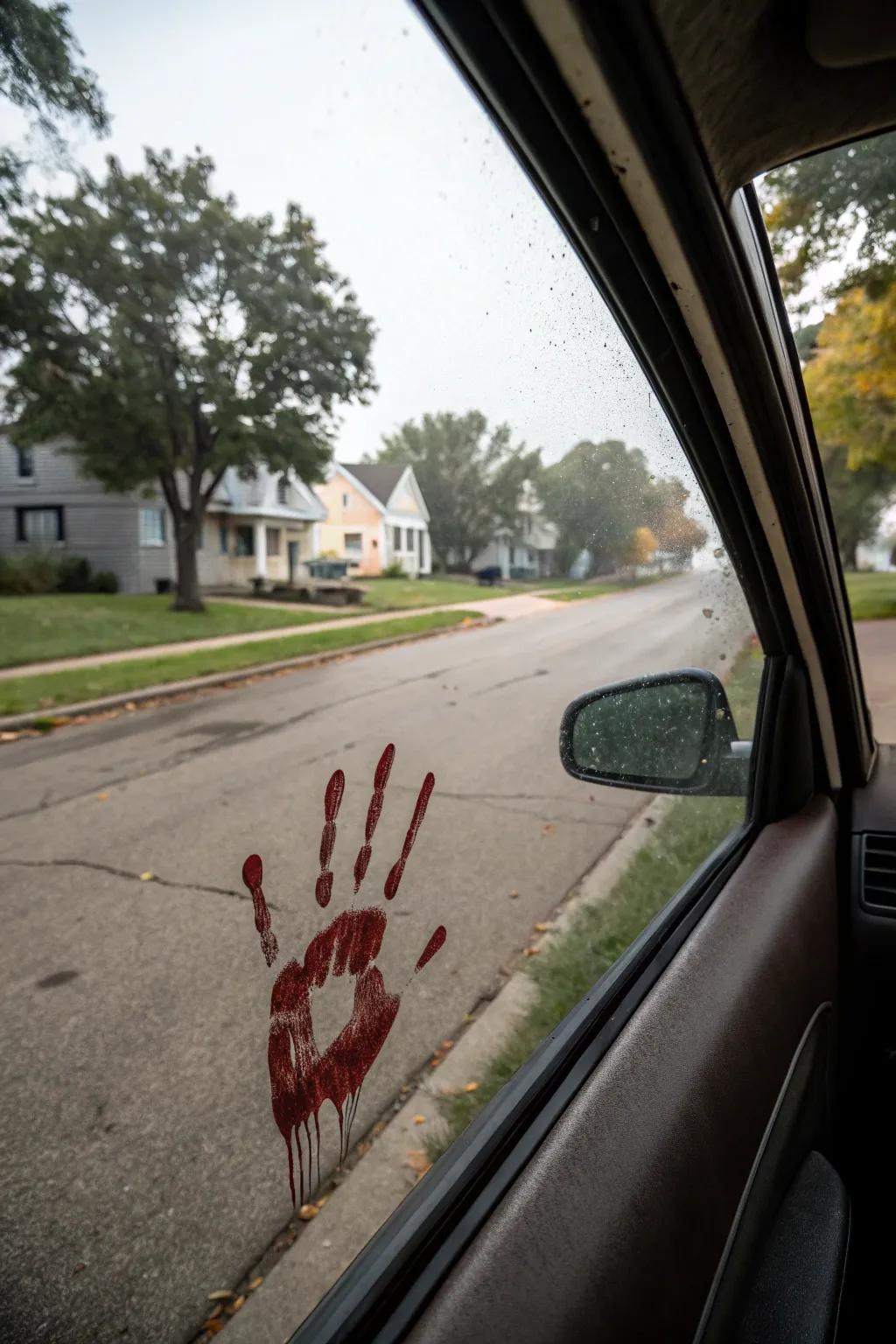 Bloody handprints introduce a creepy aspect to your Halloween car decor.