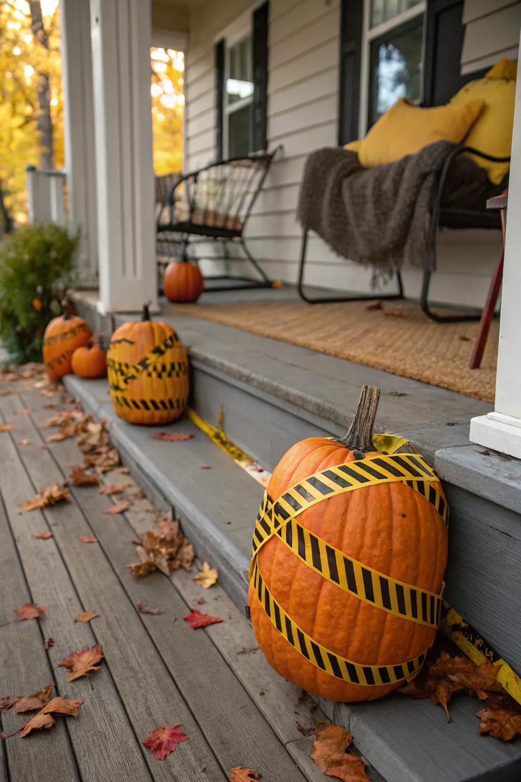 Pumpkins wrapped in hazard tape for a spooky impact.