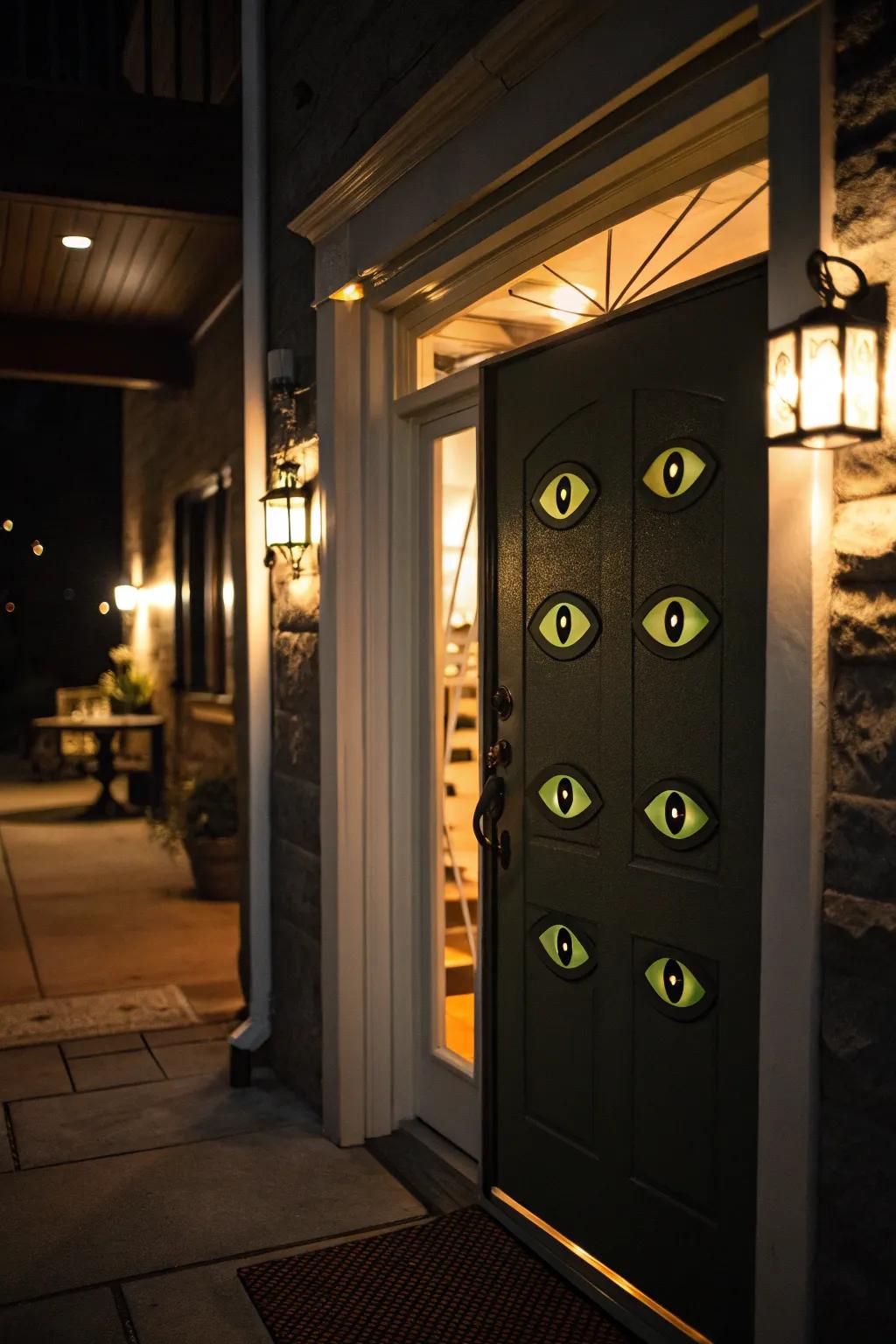Eerie oculars impart your door a cryptic Halloween vibe.