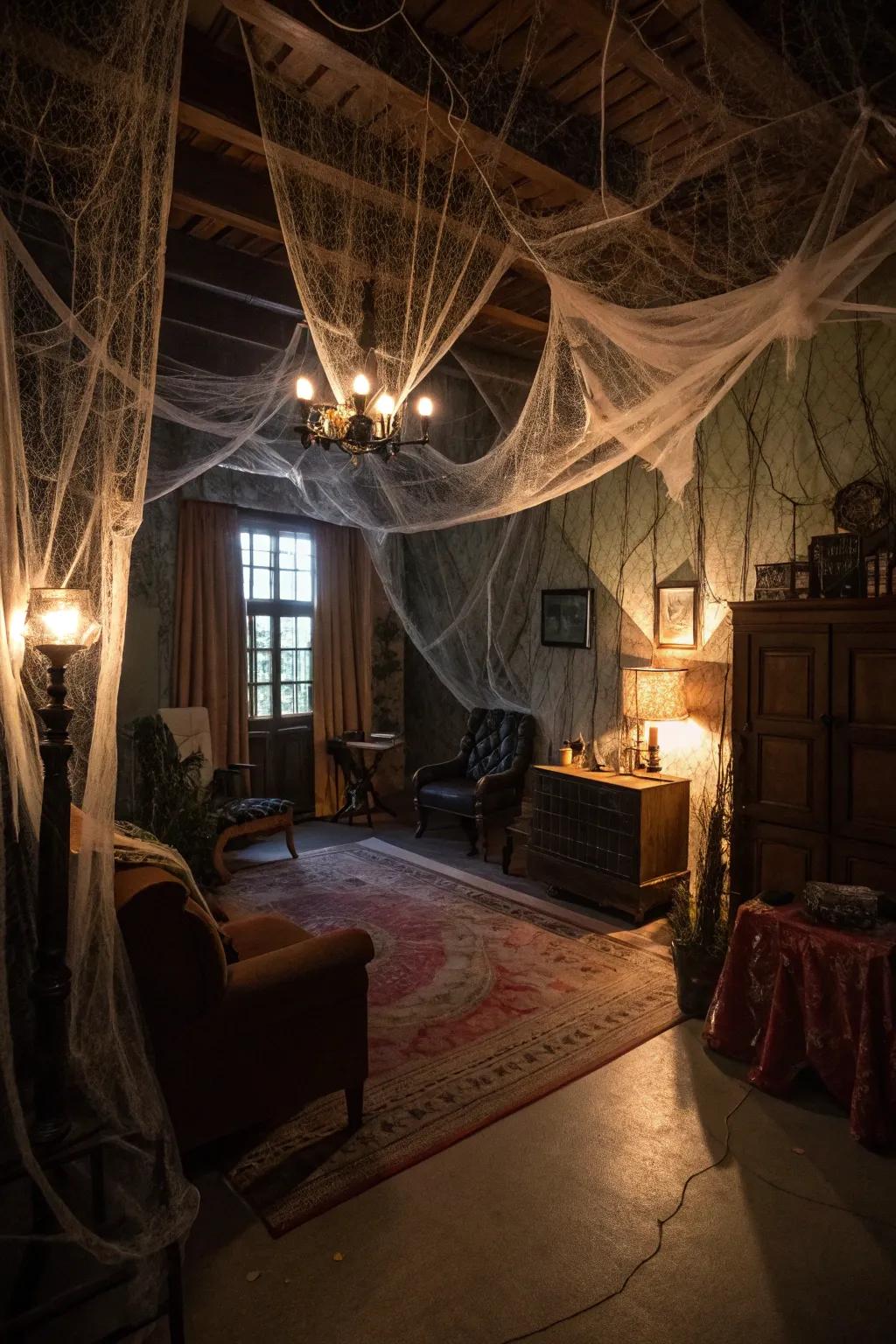 Web strands introduce a hint of eeriness to any area.