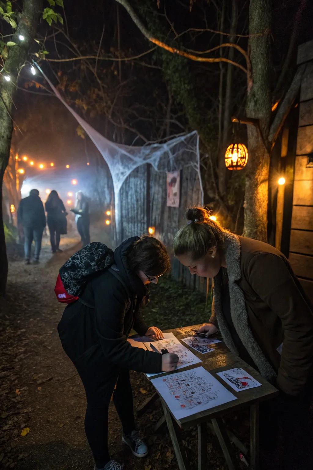 Interactive checkpoints challenge visitors with spooky riddles.