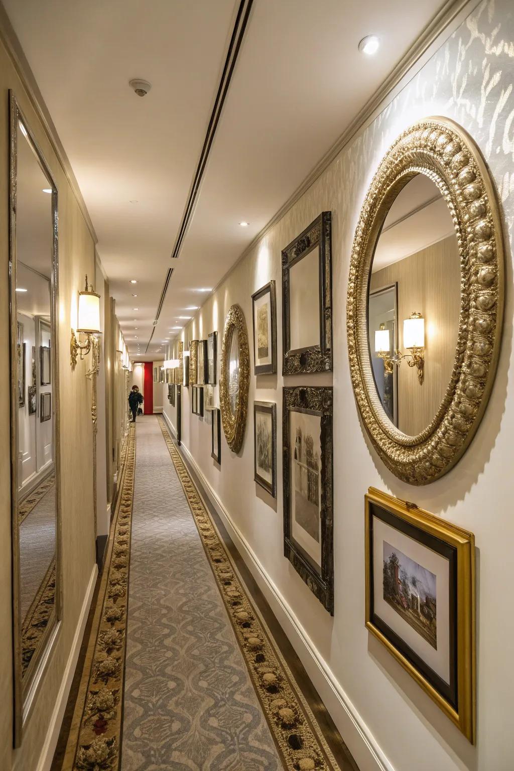 Mirrors inject light and scale, doubling as artistic features.