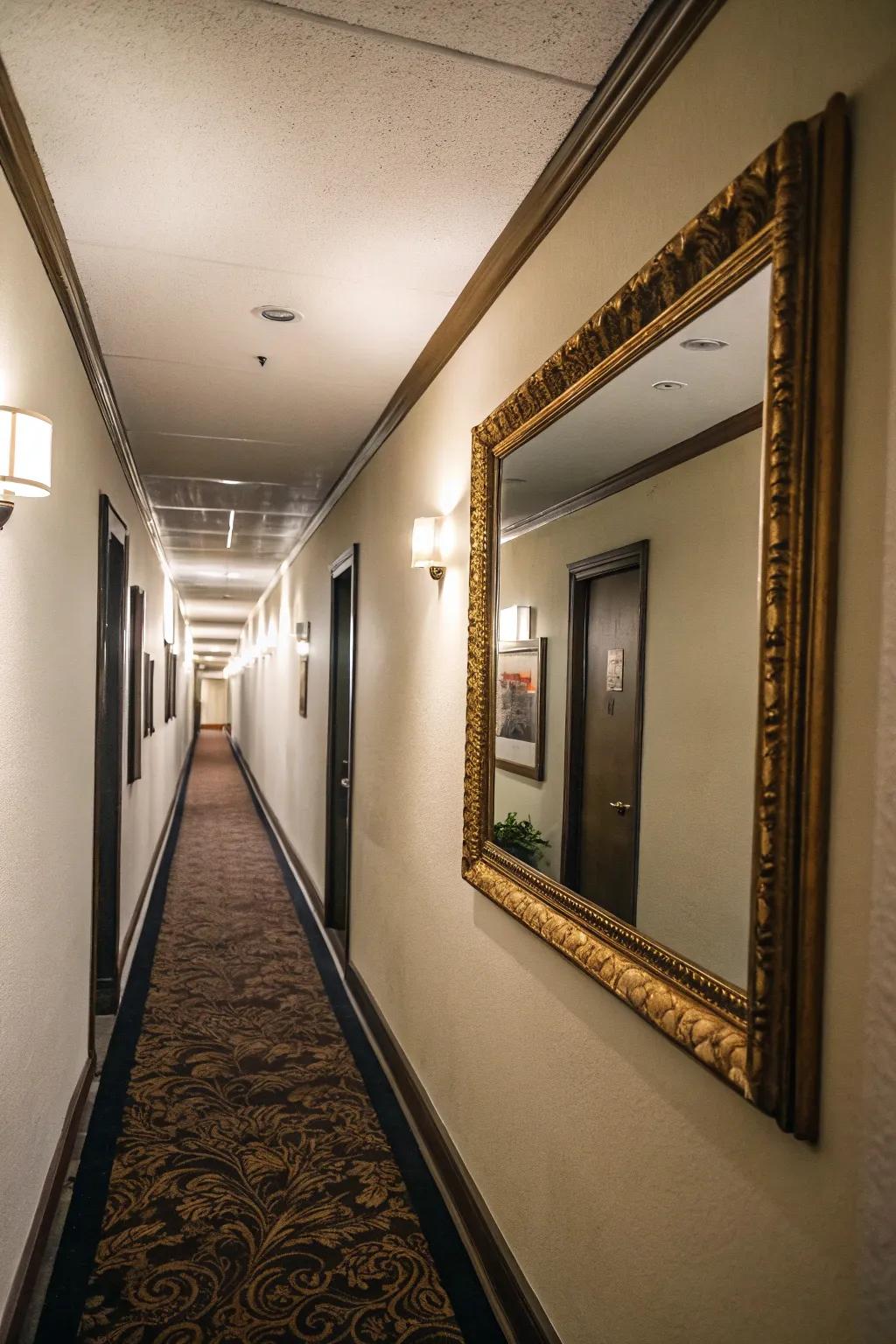 Mirrors on side walls enhance depth and light in confined spaces.