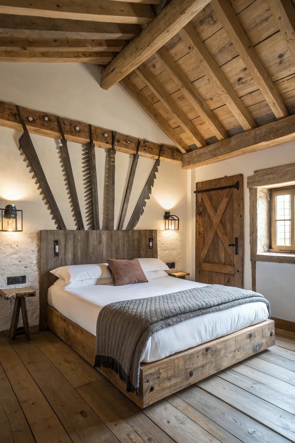 A unique headboard fashioned from aged handsaws.