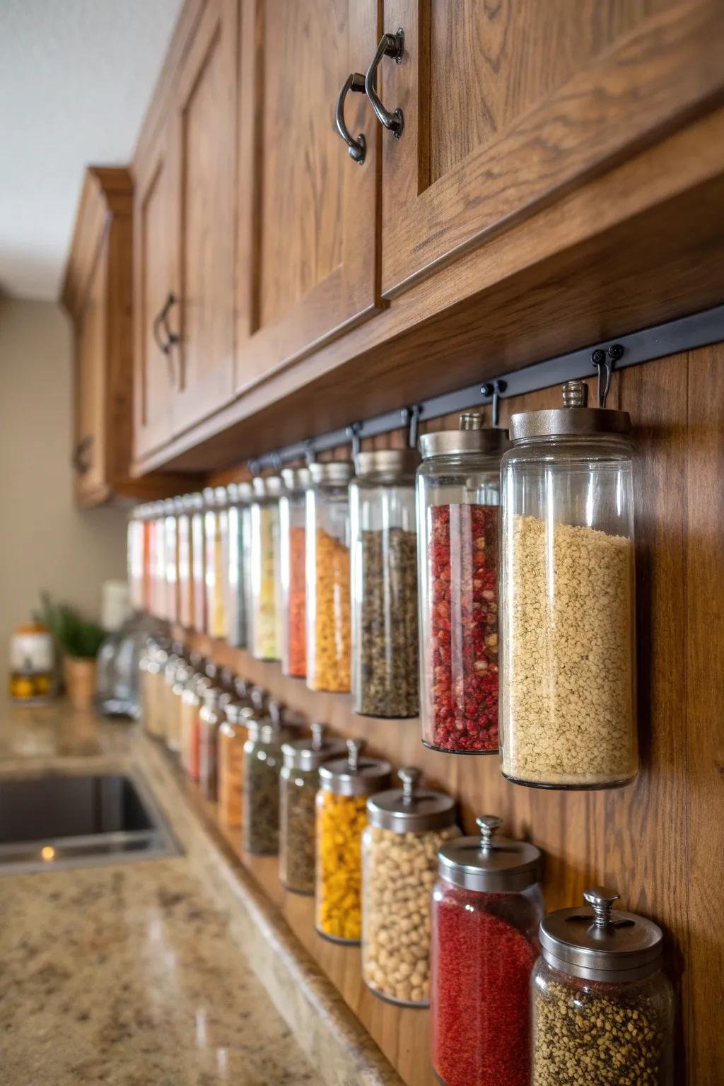 Suspension jars offer a quaint storage option for kitchen essentials.