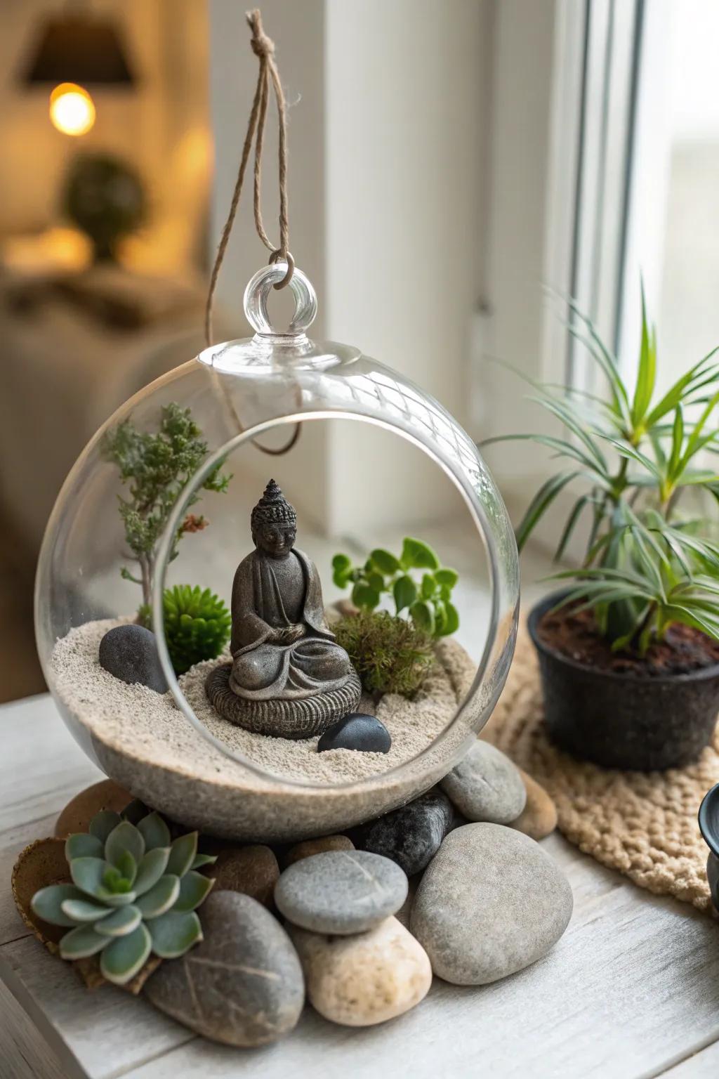 A calming Peaceful garden terrarium for a peaceful ambiance.