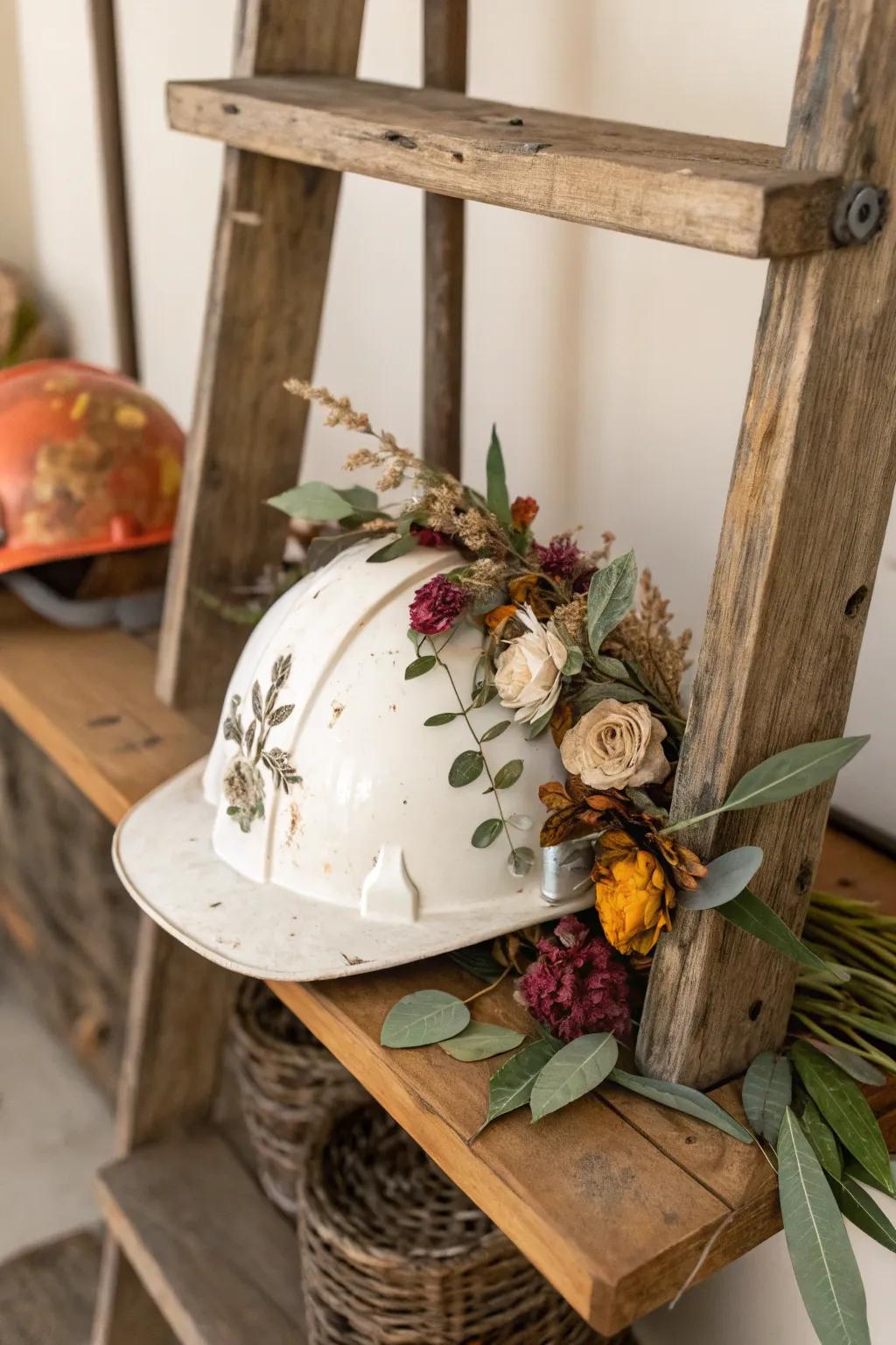 A hard hat adorned with natural elements.
