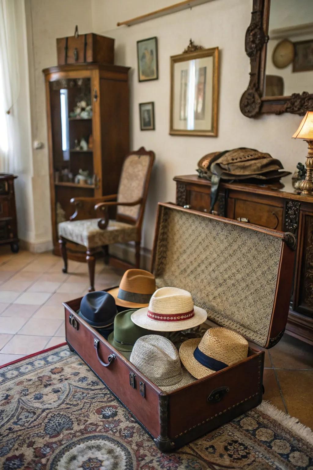 Hats stored in a vintage suitcase.