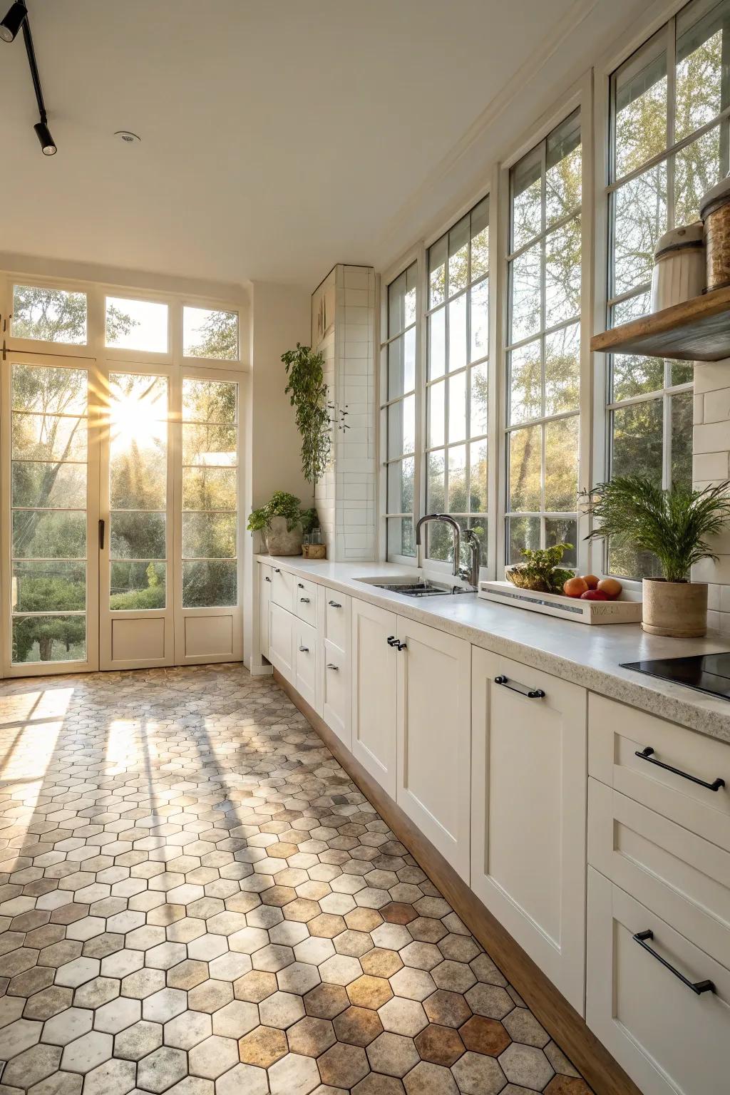 Sunlight enriches the charm of hexagon tile patterns.