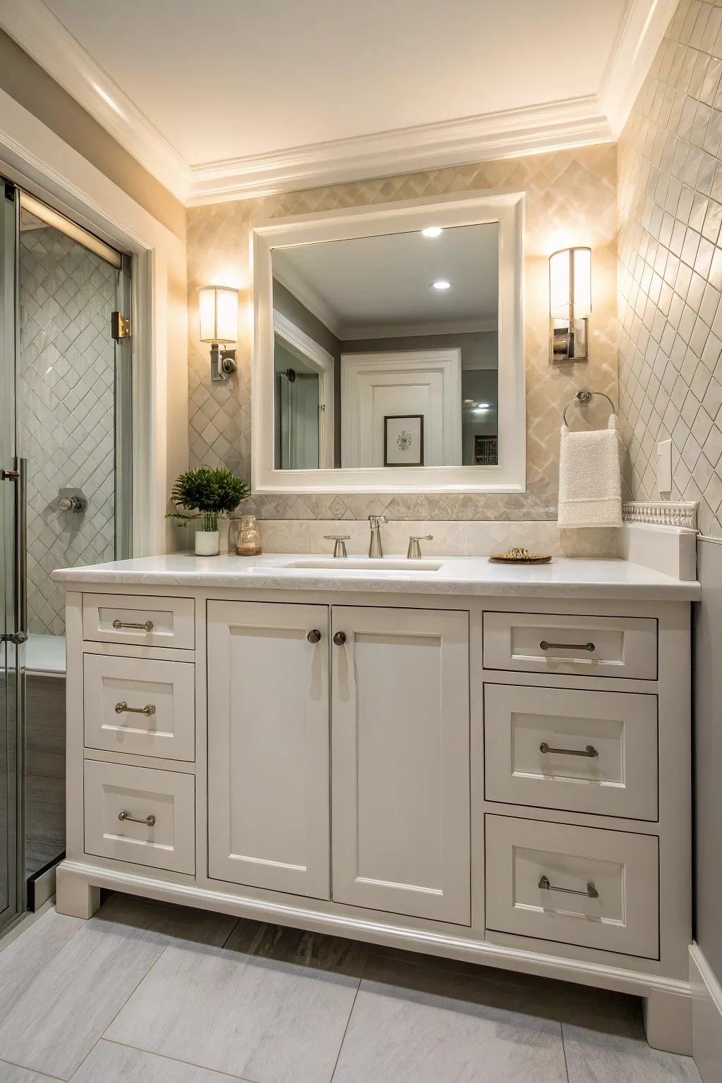 A custom vanity with a smartly incorporated hidden cabinet.