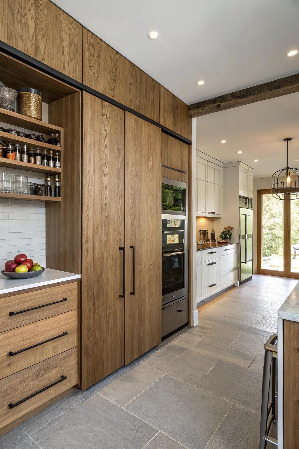 Wood and modern aesthetics conceal a hidden pantry in the kitchen.