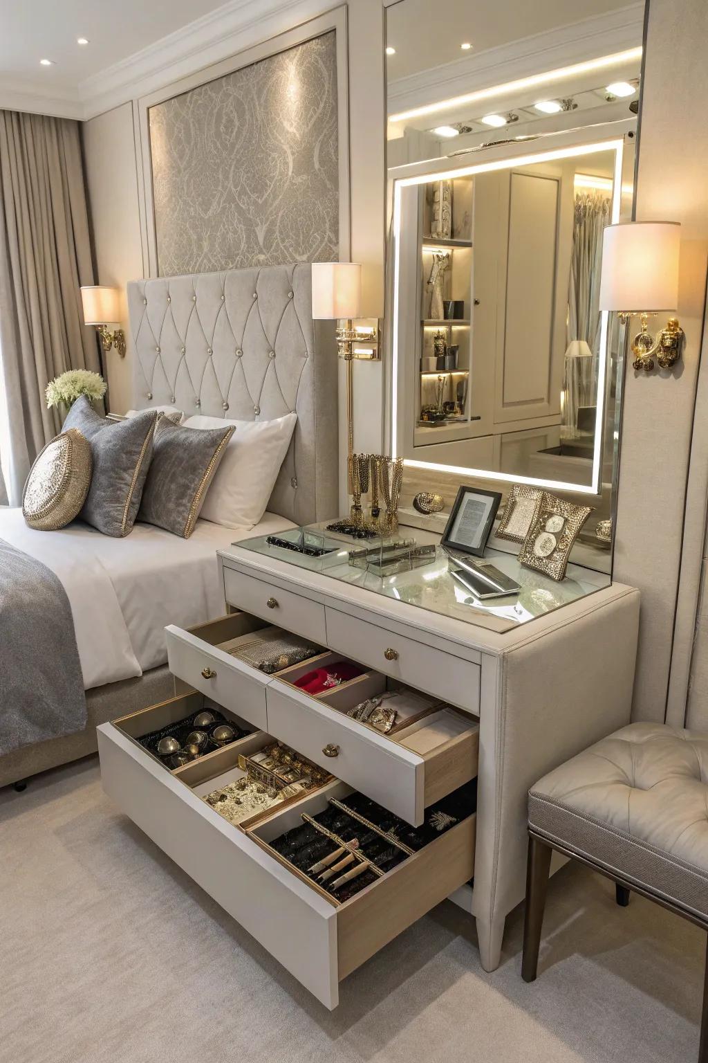 Elegant mirror featuring hidden storage for jewelry