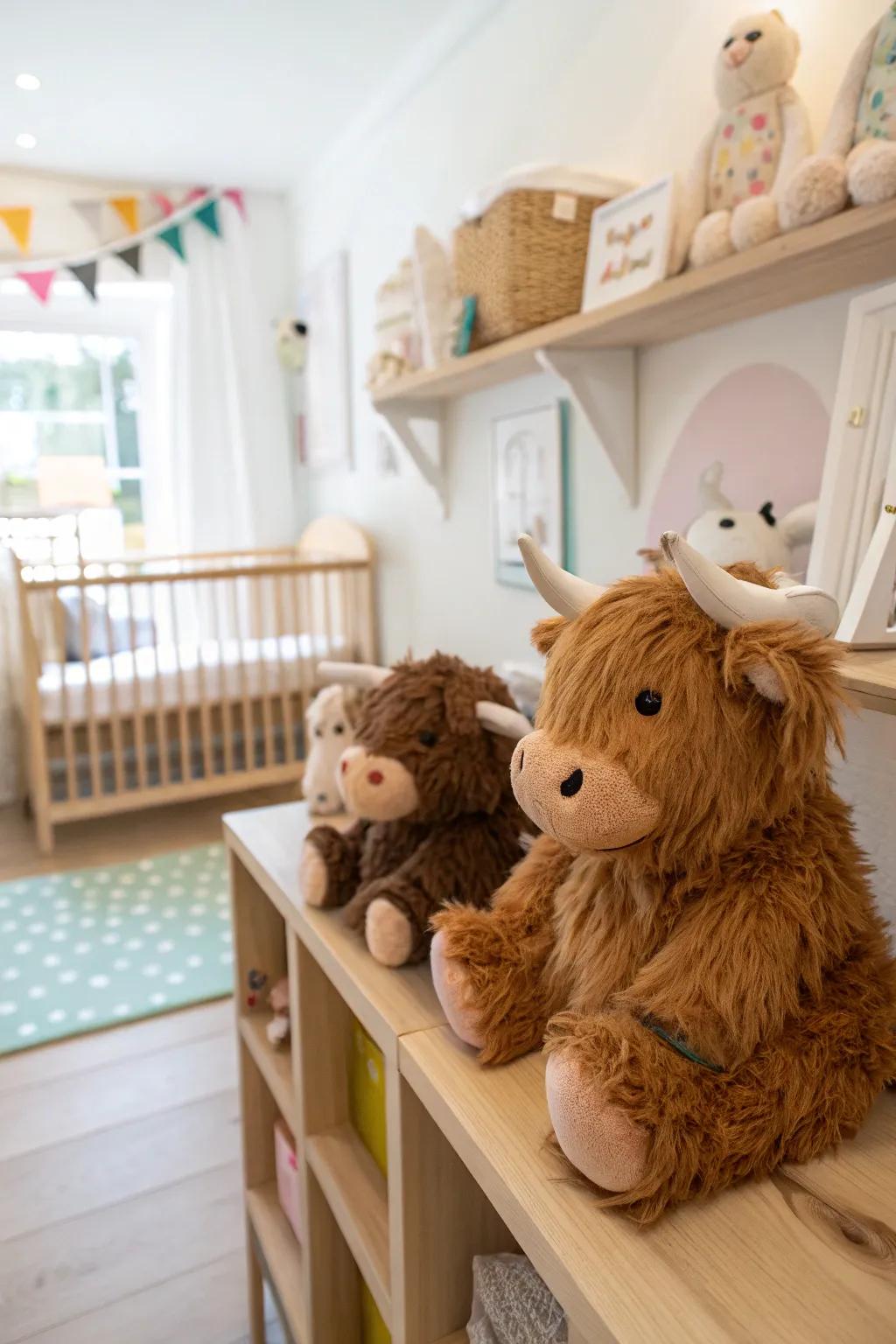 Plush toys supply both appeal and coziness in the baby's room.