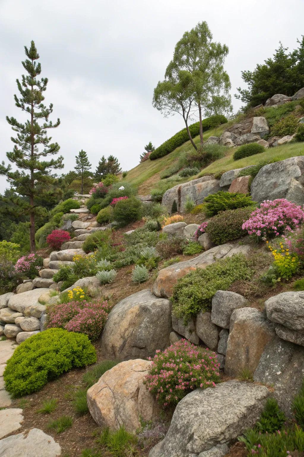 Rock gardens give a natural and low-maintenance feel to a hillside.