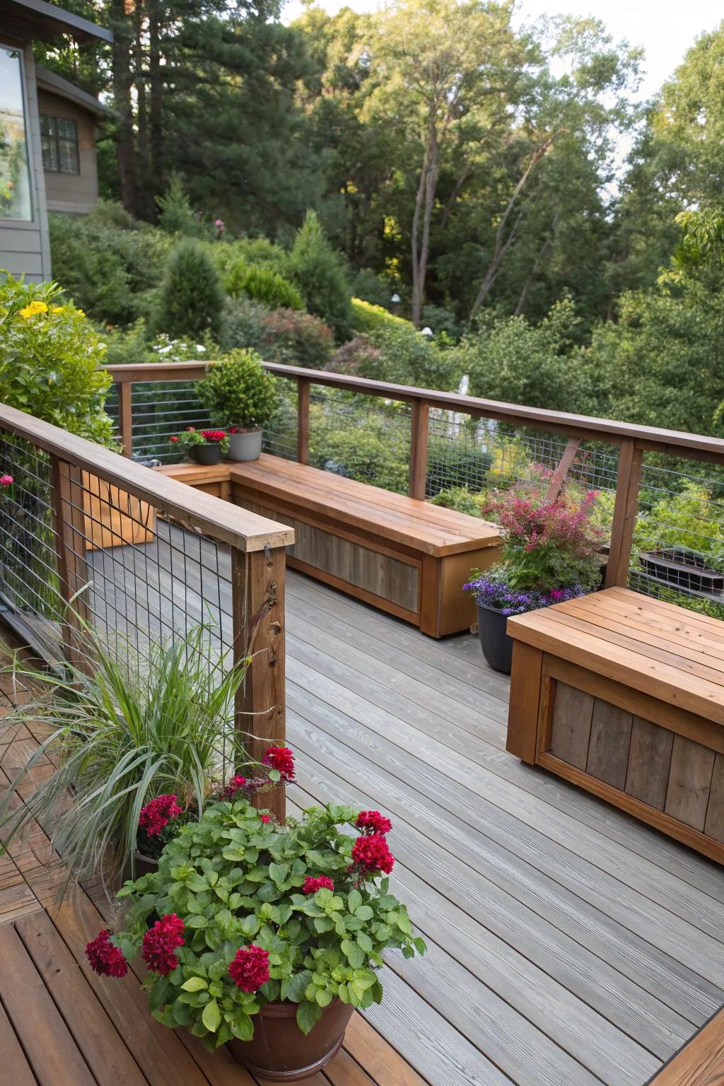 Built-in seating enhances comfort and function on decks.
