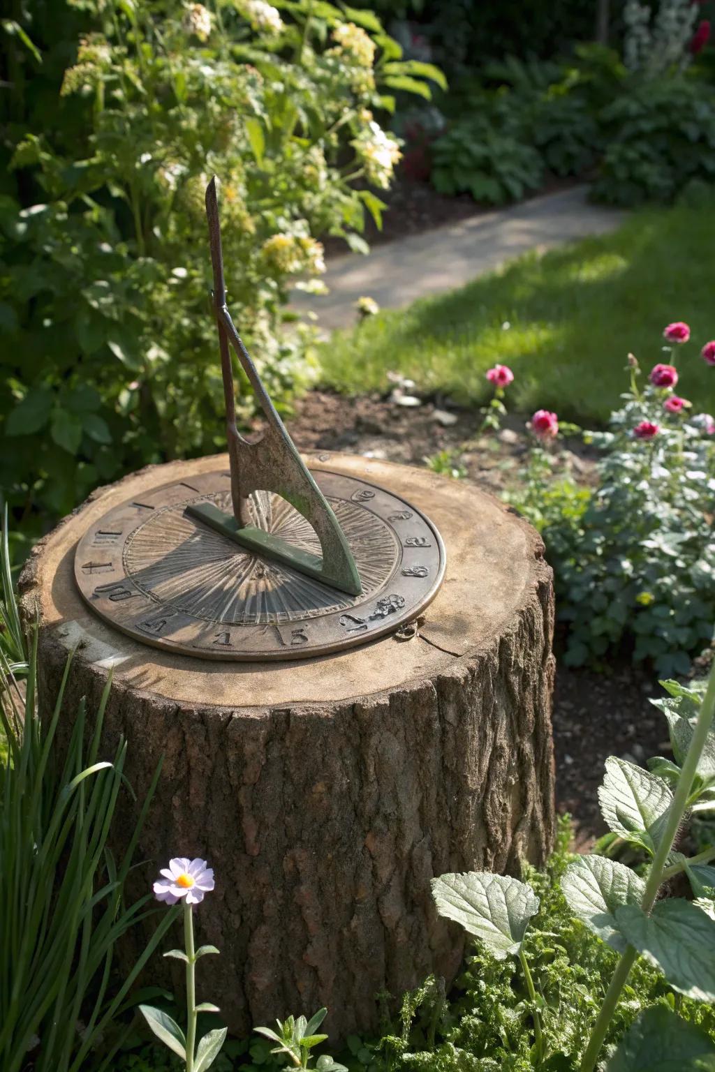 A timepiece on a tree stump introduces timeless elegance to the garden.