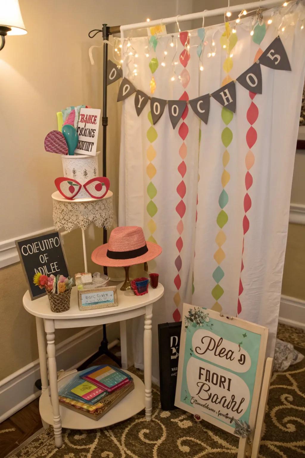 A playful photo booth captures memorable party moments.