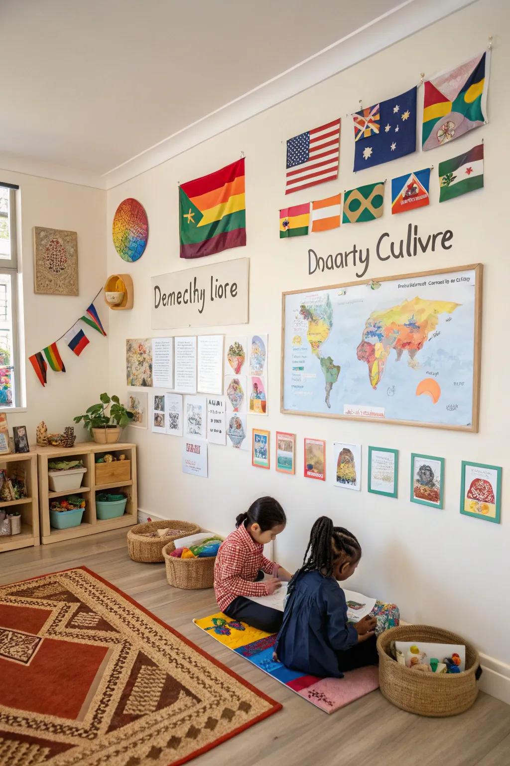 Cultural displays fostering inclusive education and global awareness.