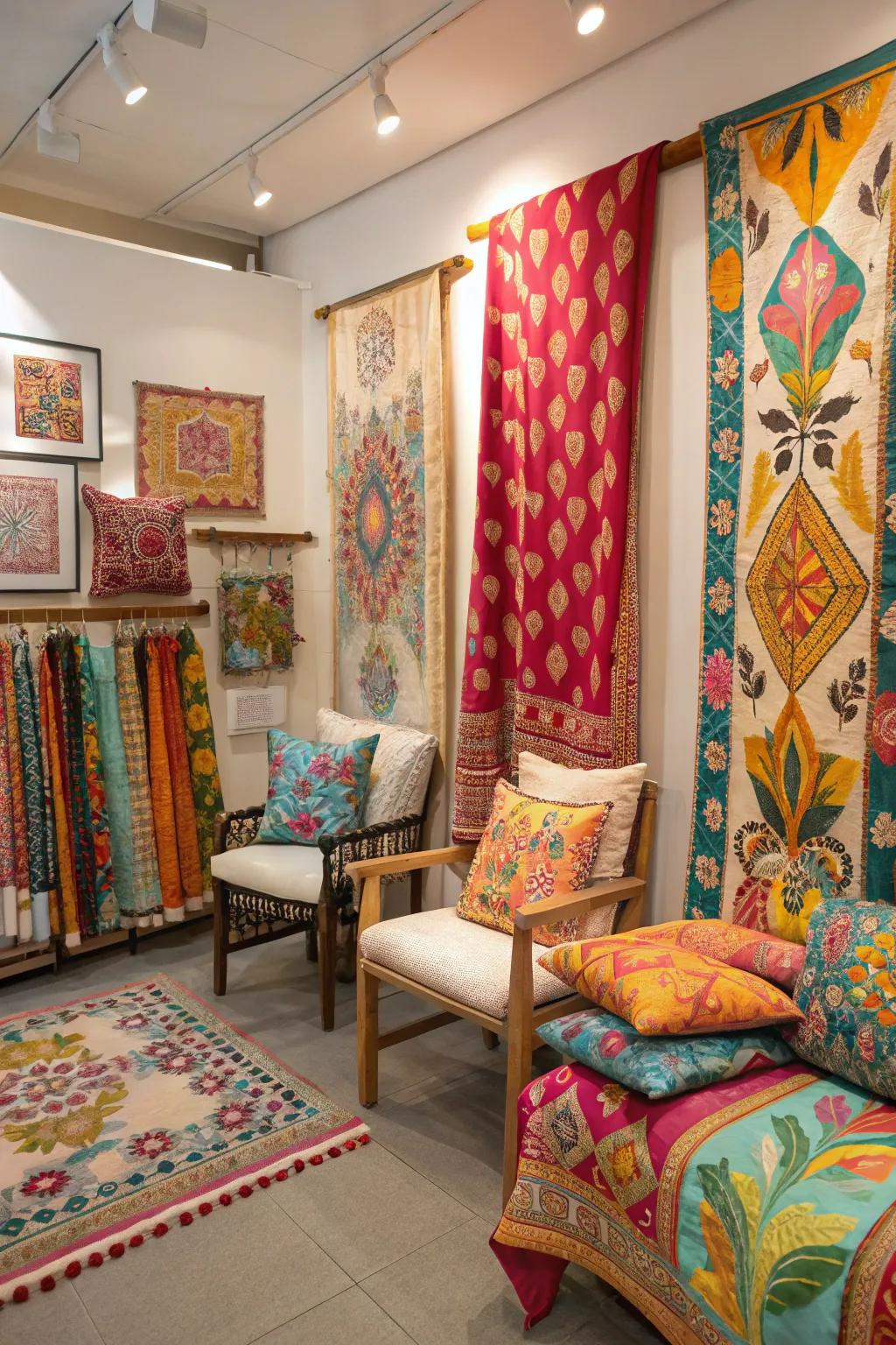 A space filled with striking fabric patterns