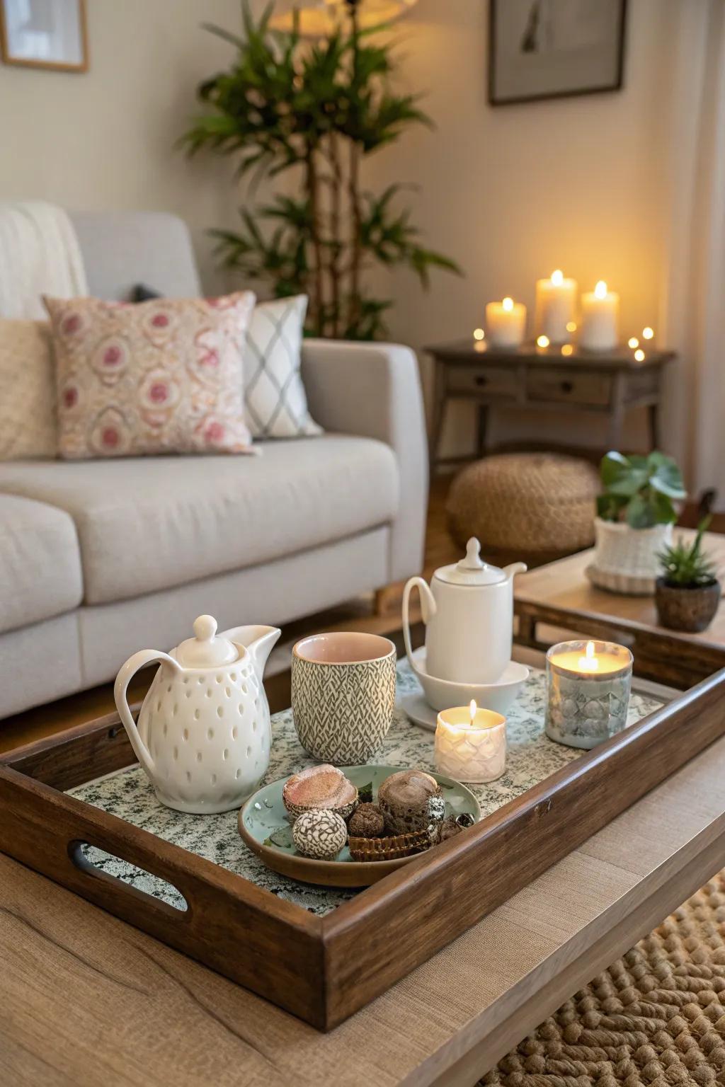 A functional coffee table adorned with a stylish ornamental surface.