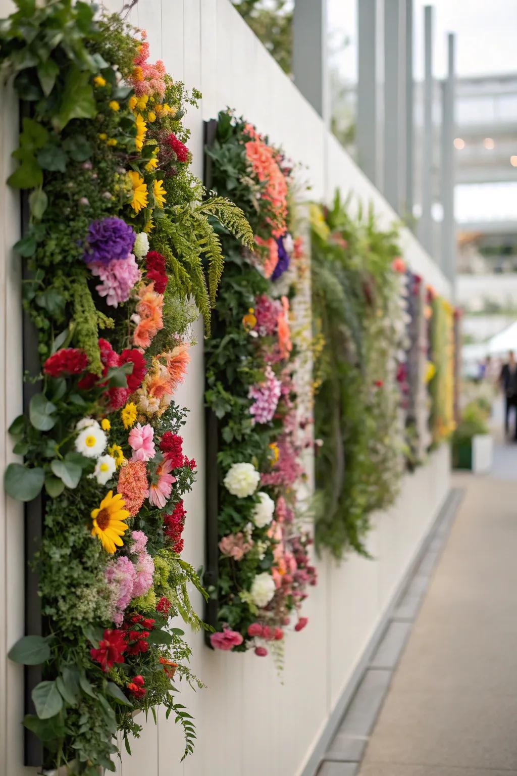 Upright floral displays convert facades into living art galleries.