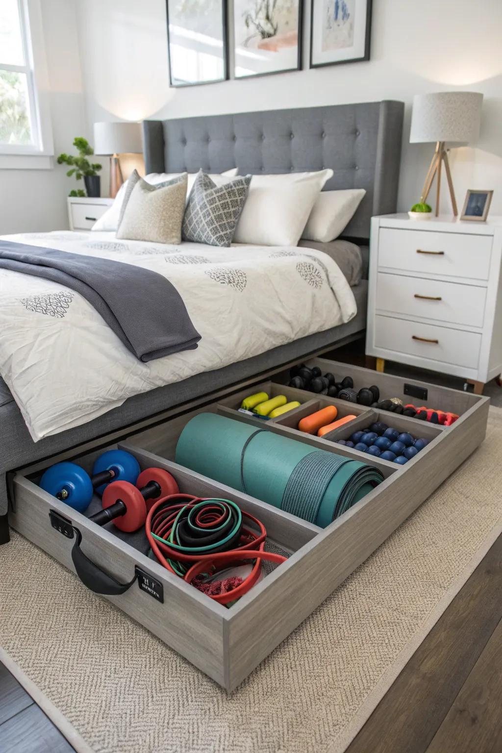 Under-bed storage containers offer a clever method to conceal gym items.