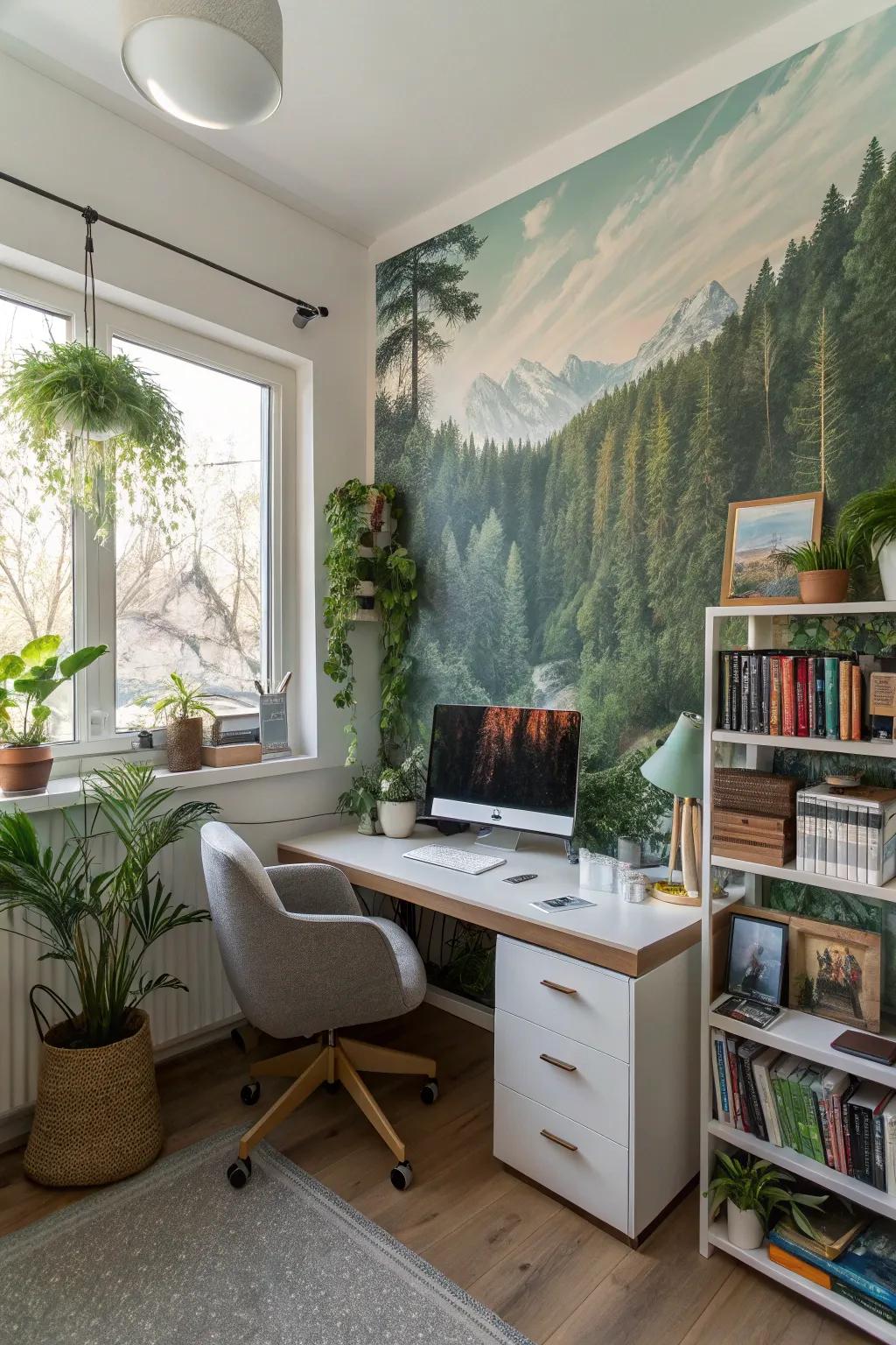 A nature-inspired mural brings peace and concentration to this home office.