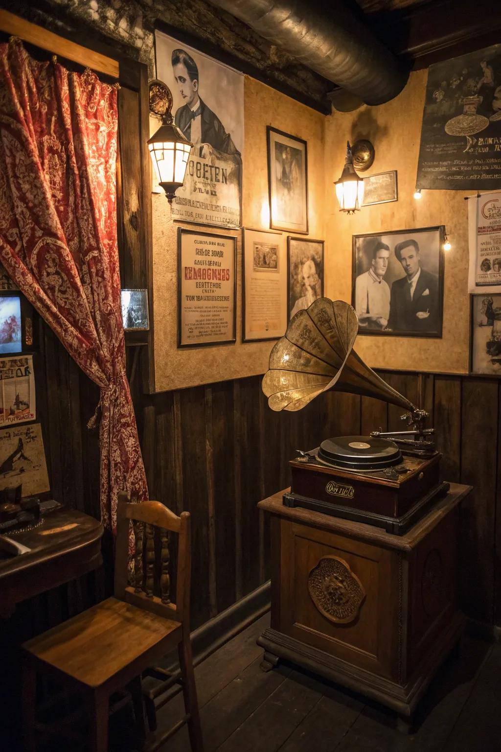 A vintage phonograph brings authentic sound to your speakeasy.