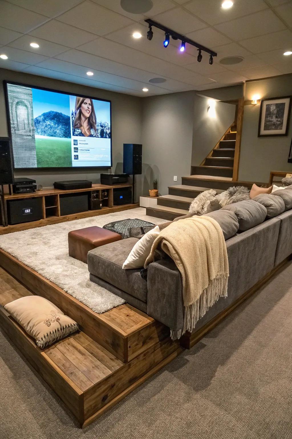 Home-built tier platforms add a professional, cinematic touch to home theaters.