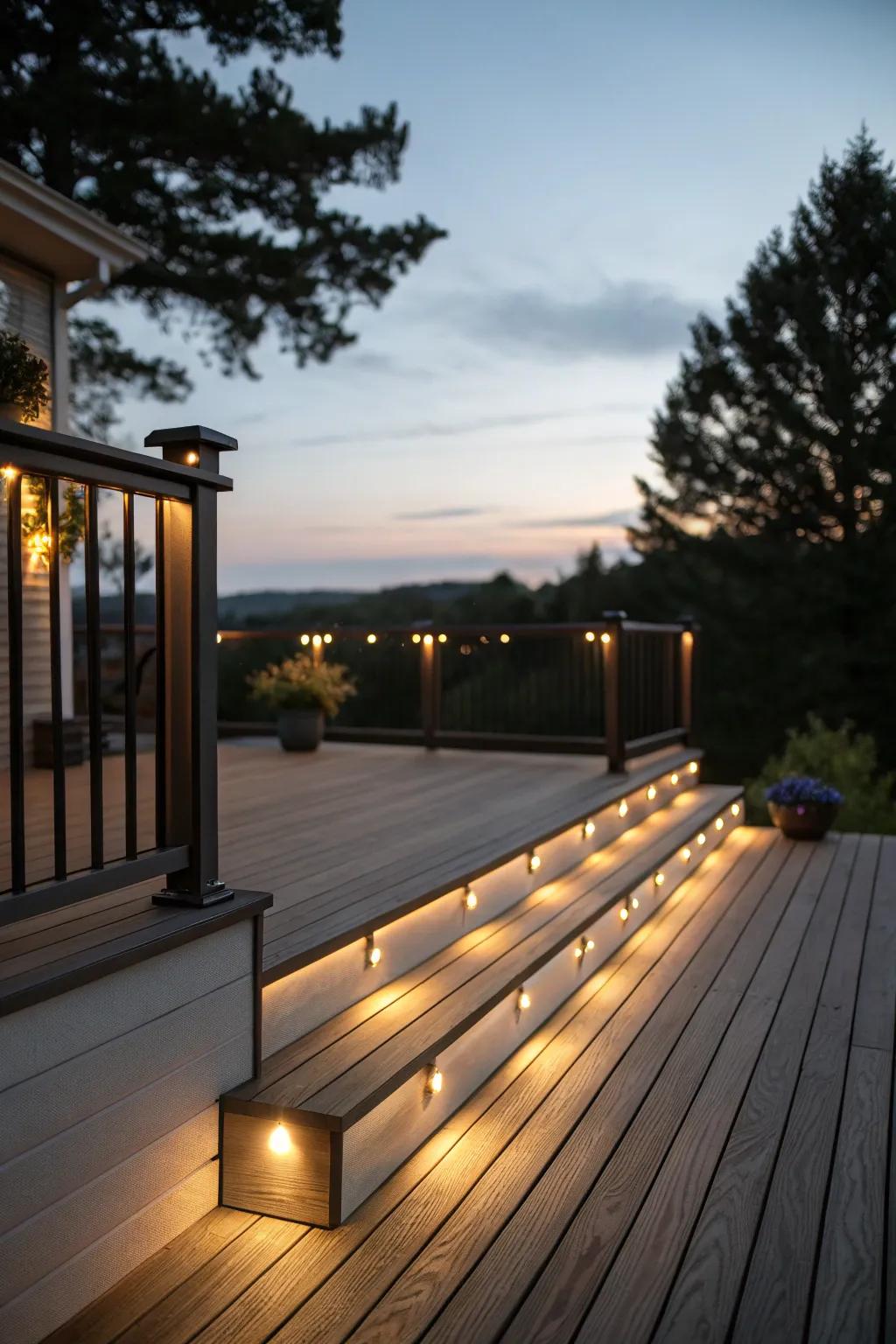 Embedded luminosity contributes warmth and ambiance to the deck.
