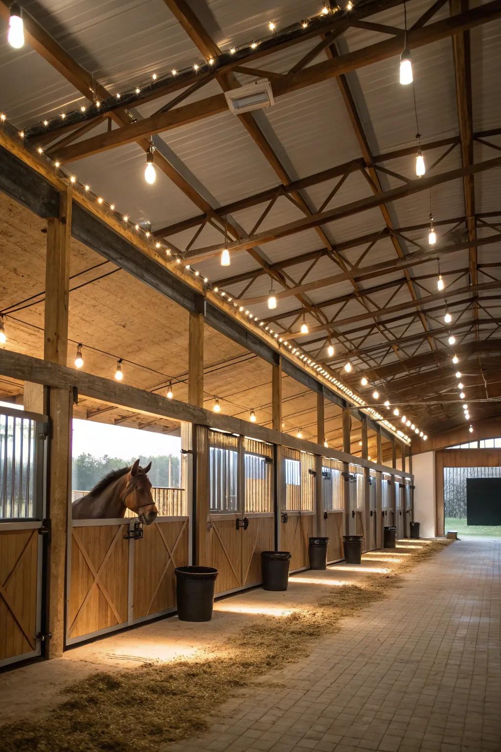 Uncovered support beams with incorporated lighting add rural charm to the barn.