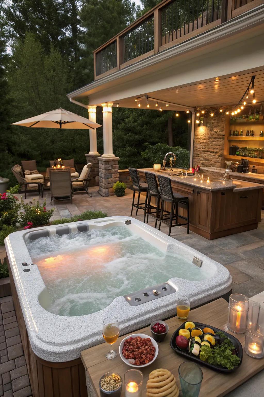 A bar space injects convenience for dining and entertaining near the hot tub.
